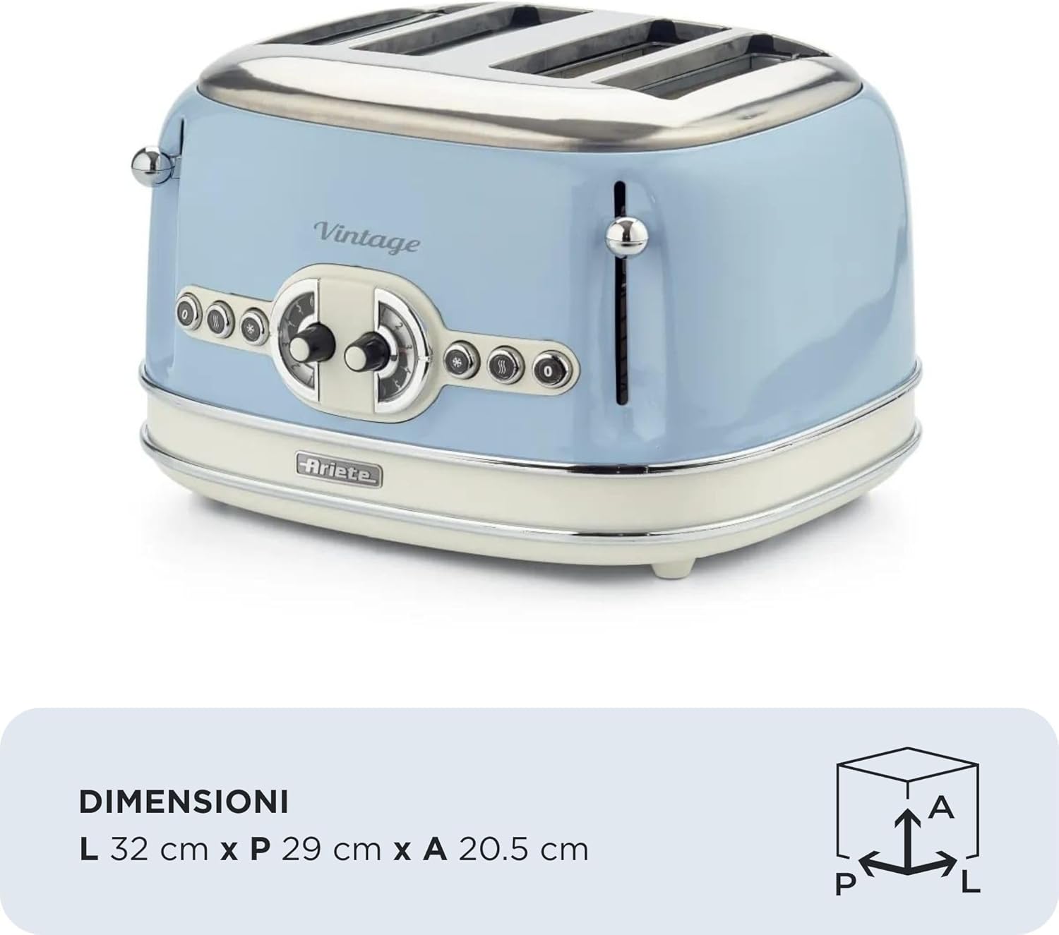 Ariete Vintage Ekmek Kızartma Makinesi 4 Dilim Mavi 0156/05 - 1630 Watt, Metal Gövde, 4 Dilim Kapasite, Buz Çözme, Isıtma, 6 Kızartma Ayarı, Kolay Temizlik, Çıkarılabilir Kırıntı Tepsisi - Görsel 2