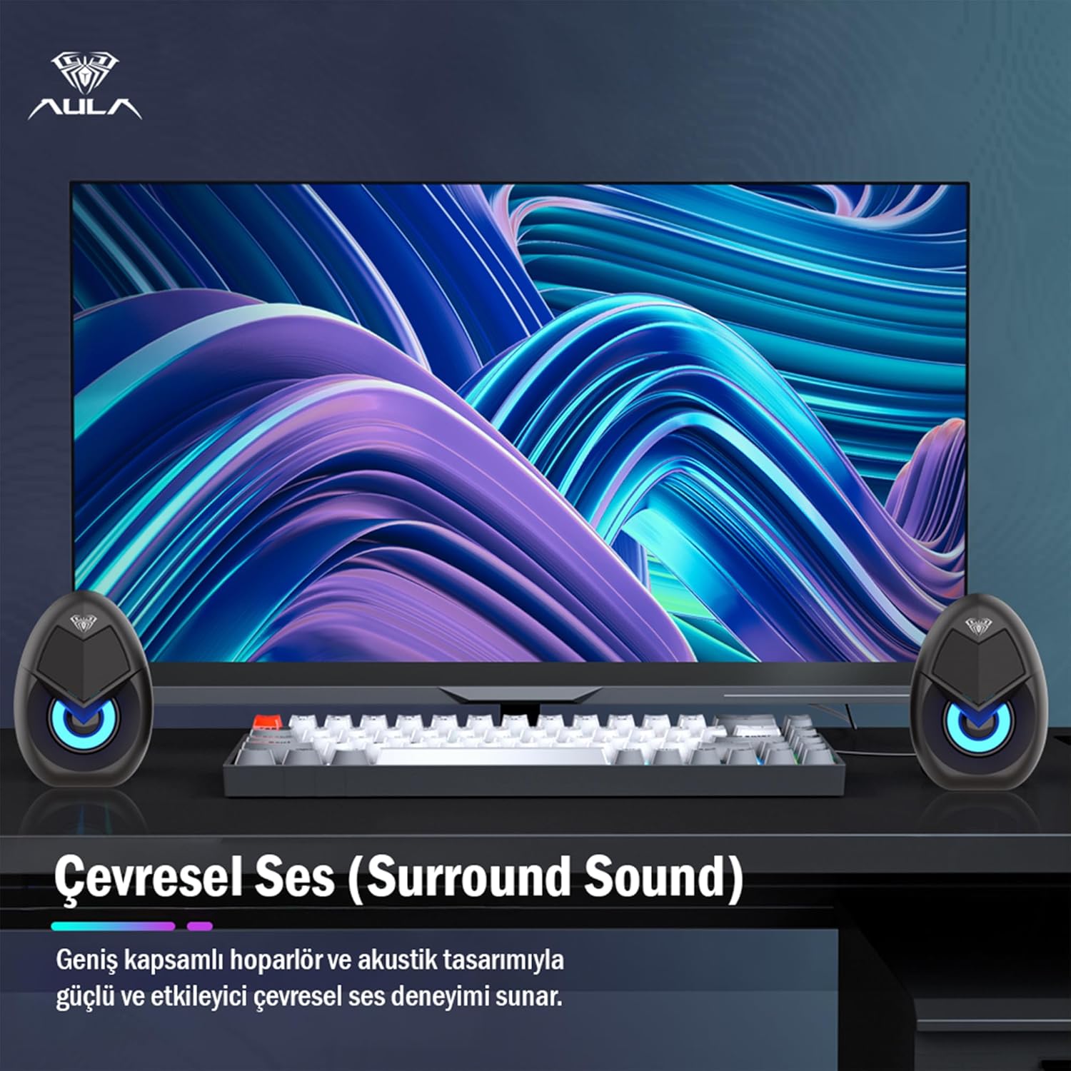 Aula N-69 2 * 3W RGB LED Işıklı Masaüstü Oyuncu Laptop PC Bilgisayar Hoparlörü - Görsel 2