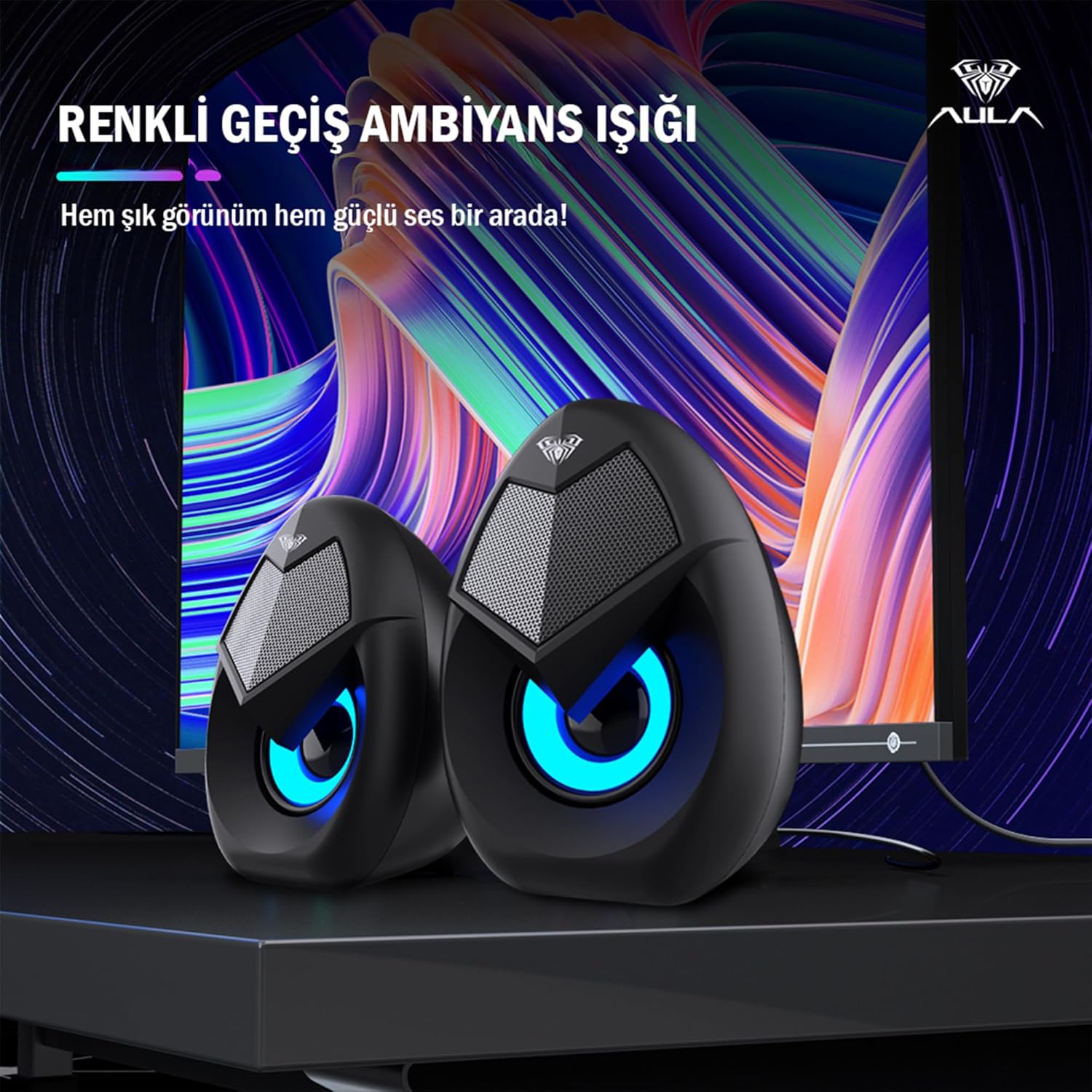 Aula N-69 2 * 3W RGB LED Işıklı Masaüstü Oyuncu Laptop PC Bilgisayar Hoparlörü - Görsel 4