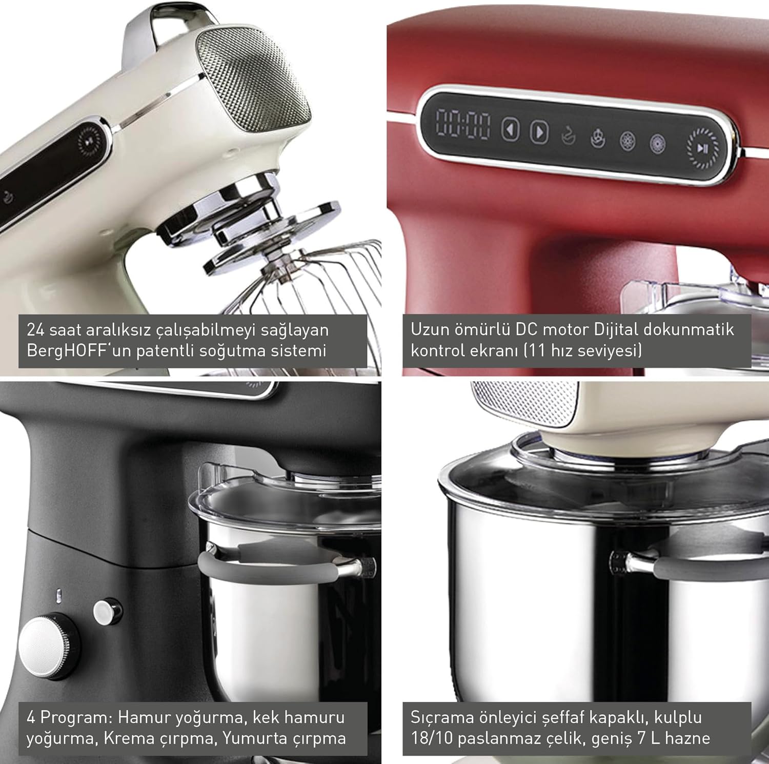 BergHOFF Gem Retro 7 L Stand Mikser – 1500 W, Dayanıklı Döküm Alüminyum Gövde | Kırmızı - Görsel 3