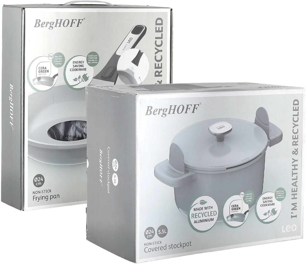 Berghoff Leo Phantom Kapaklı Yapışmaz Derin Tencere 24 Cm ve Kızartma Tavası 24 Cm Smoked Grey