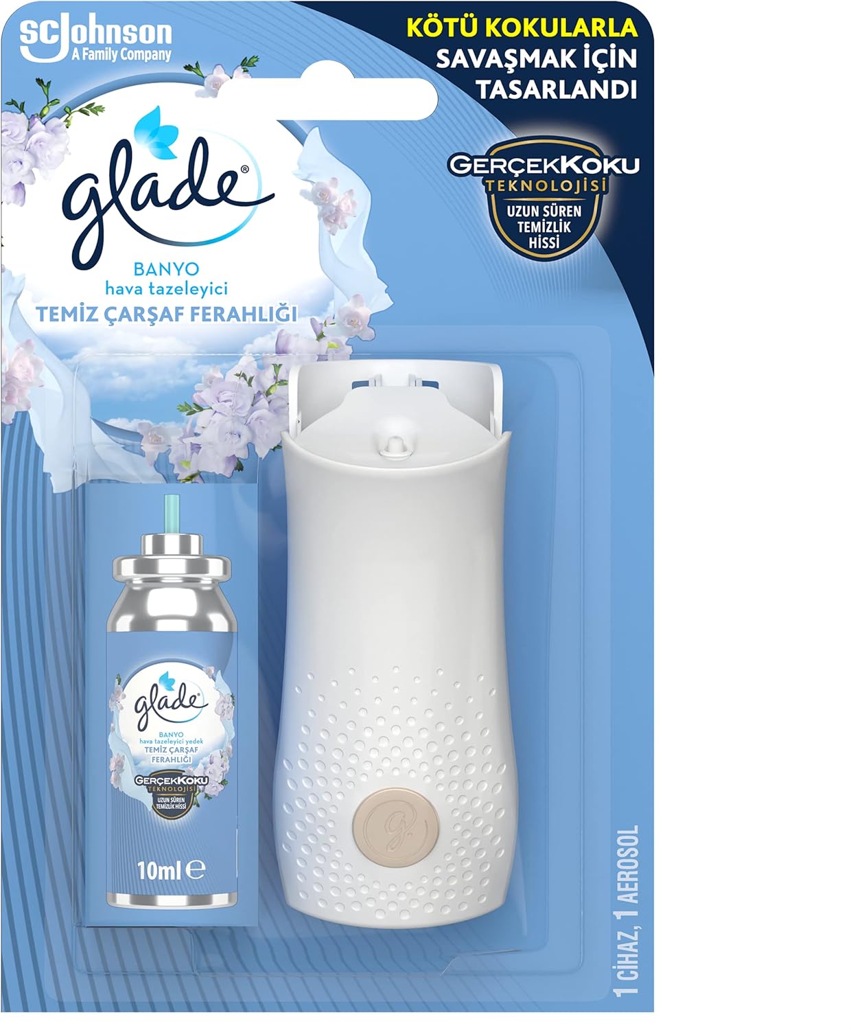 Glade Banyo Hava Tazeleyici Cihaz ve Yedek Temiz Çarşaf Ferahlığı 10 ml