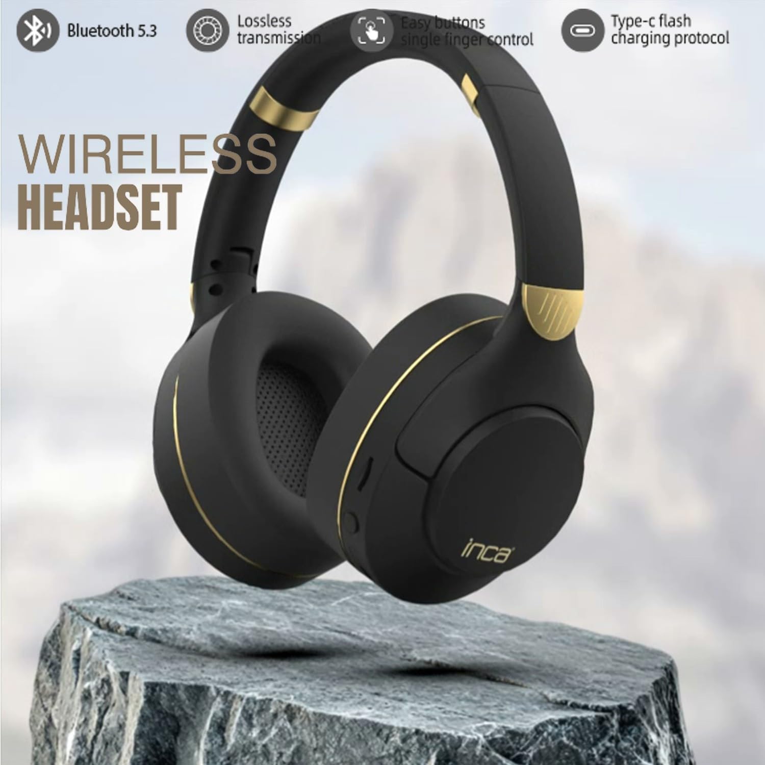 Inca IBK-503S Kablosuz 5.3 Bluetooth Hafıza Kart Destekli Kulak Üstü Kulaklık Siyah 400Mah 12 Saat pil ömrü Bluetooth, Micro SD Hafıza Kartı ve AUX modu desteği - Görsel 2