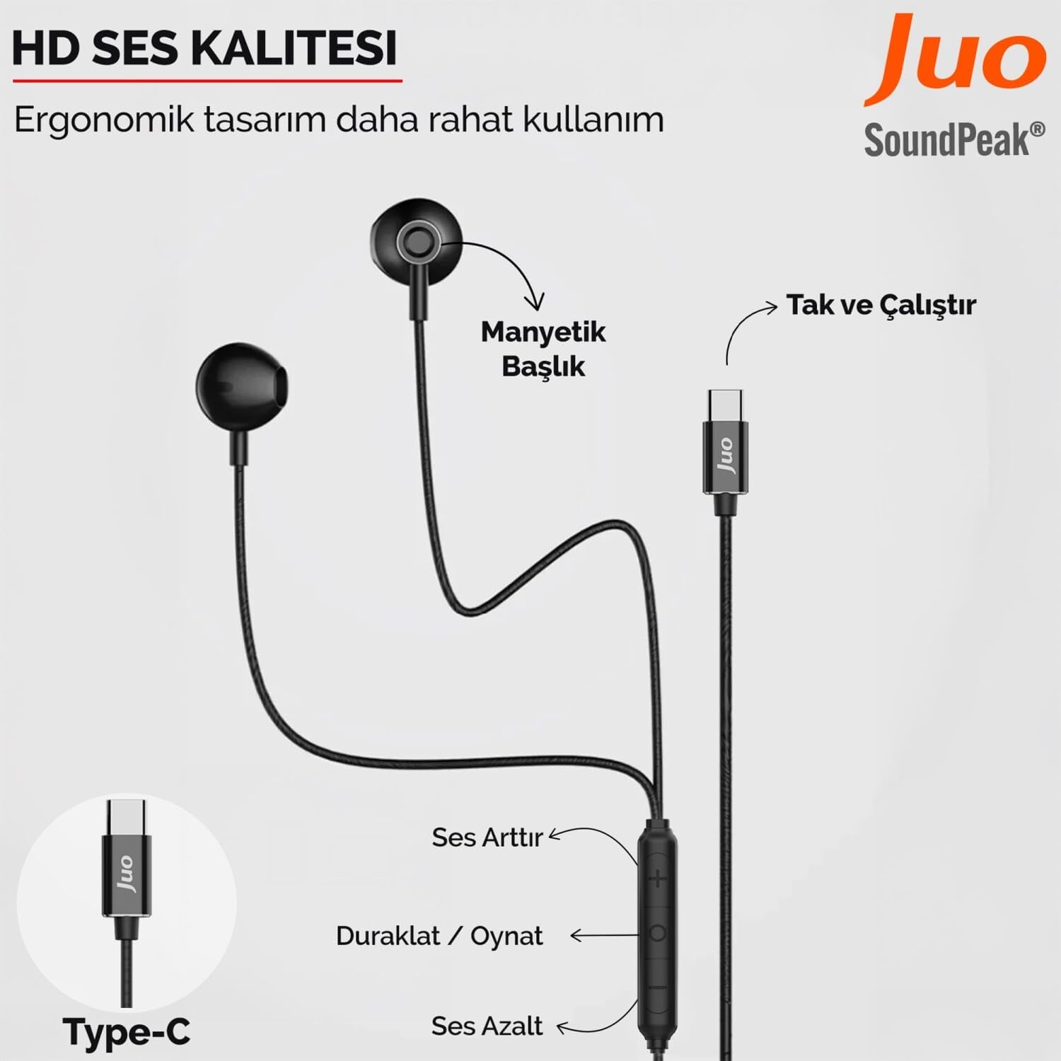 Juo Type-C Mikrofonlu Kablolu Kulak İçi Kulaklık Metal DAC Çip Destekli ENC Gürültü Engelleme - Görsel 2
