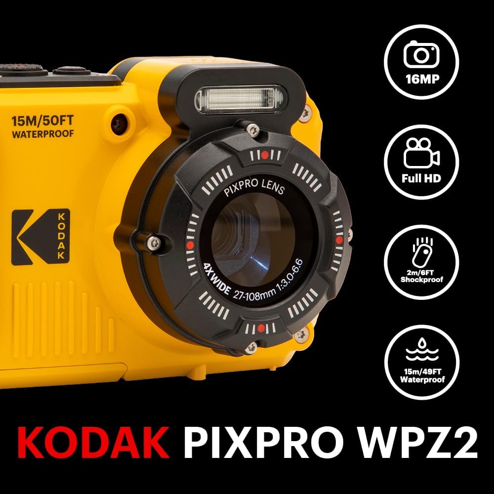 KODAK PIXPRO WPZ2 15M Su Geçirmez Fotoğraf Makinesi - 16MP, 4x Optik Zoom, 1080P Full HD Video (Sarı) - Görsel 3