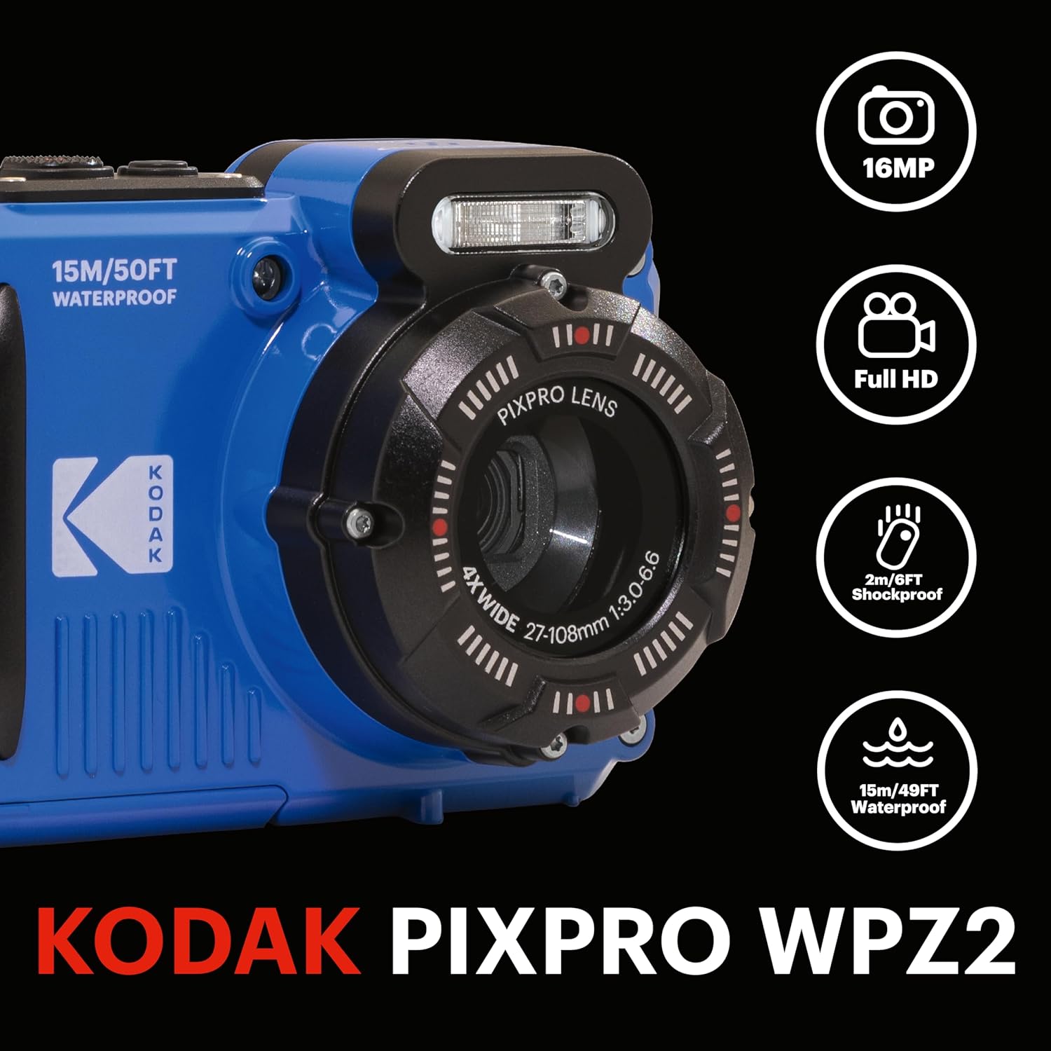 KODAK PIXPRO WPZ2 15M Su Geçirmez Fotoğraf Makinesi - 2 Lityum Pil + 16GB SD Kart - 16MP, 4x Optik Zoom, 1080P Full HD Video (Mavi) - Görsel 2