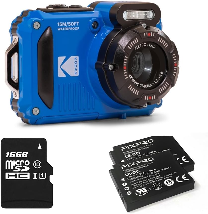 KODAK PIXPRO WPZ2 15M Su Geçirmez Fotoğraf Makinesi - 2 Lityum Pil + 16GB SD Kart - 16MP, 4x Optik Zoom, 1080P Full HD Video (Mavi) - Görsel 4
