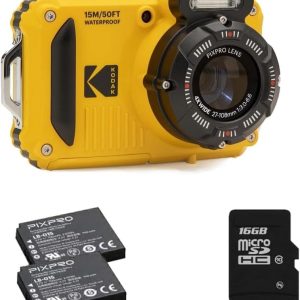 KODAK PIXPRO WPZ2 15M Su Geçirmez Fotoğraf Makinesi - 2 Lityum Pil + 16GB SD Kart - 16MP, 4x Optik Zoom, 1080P Full HD Video (Sarı)