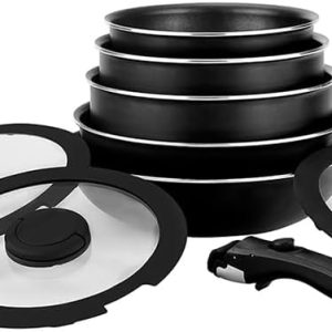 Leggno All-In-One Titanium 9 Parça Set: 22Cm Derin & 24Cm Sığ Tencere 20-28Cm Tava & 28Cm Wok 22Cm-24Cm-28Cm Cam Kapak 1 Adet Özel Sap