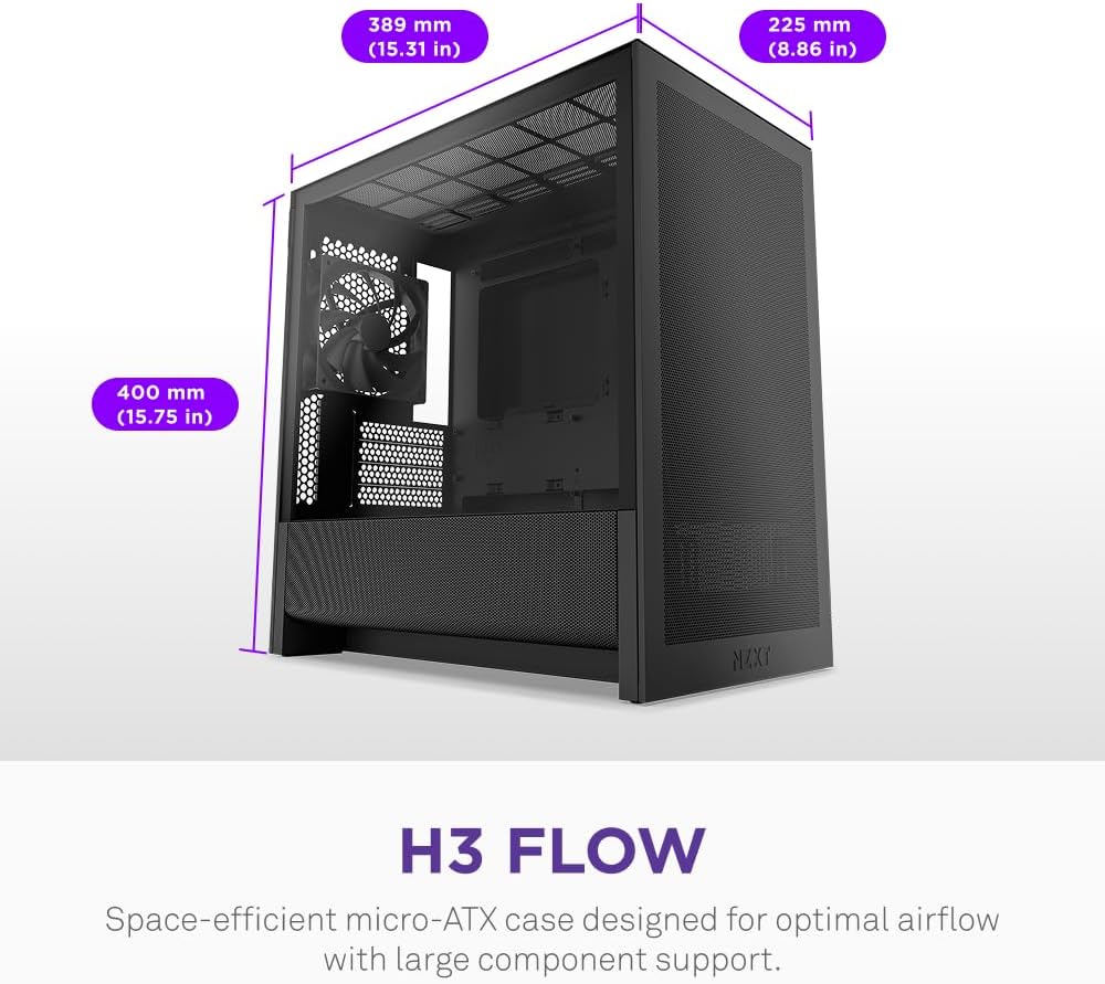 NZXT H3 Flow - Micro-ATX PC Kasası - Optimize Edilmiş Hava Akışı - 1 x 120 mm Arka Fan İçerir - Tam Boyutlu GPU'ları Destekler - 280 mm Ön, 240 mm Üst Radyatör - Geri Bağlantı Anakartı - Siyah - Görsel 2