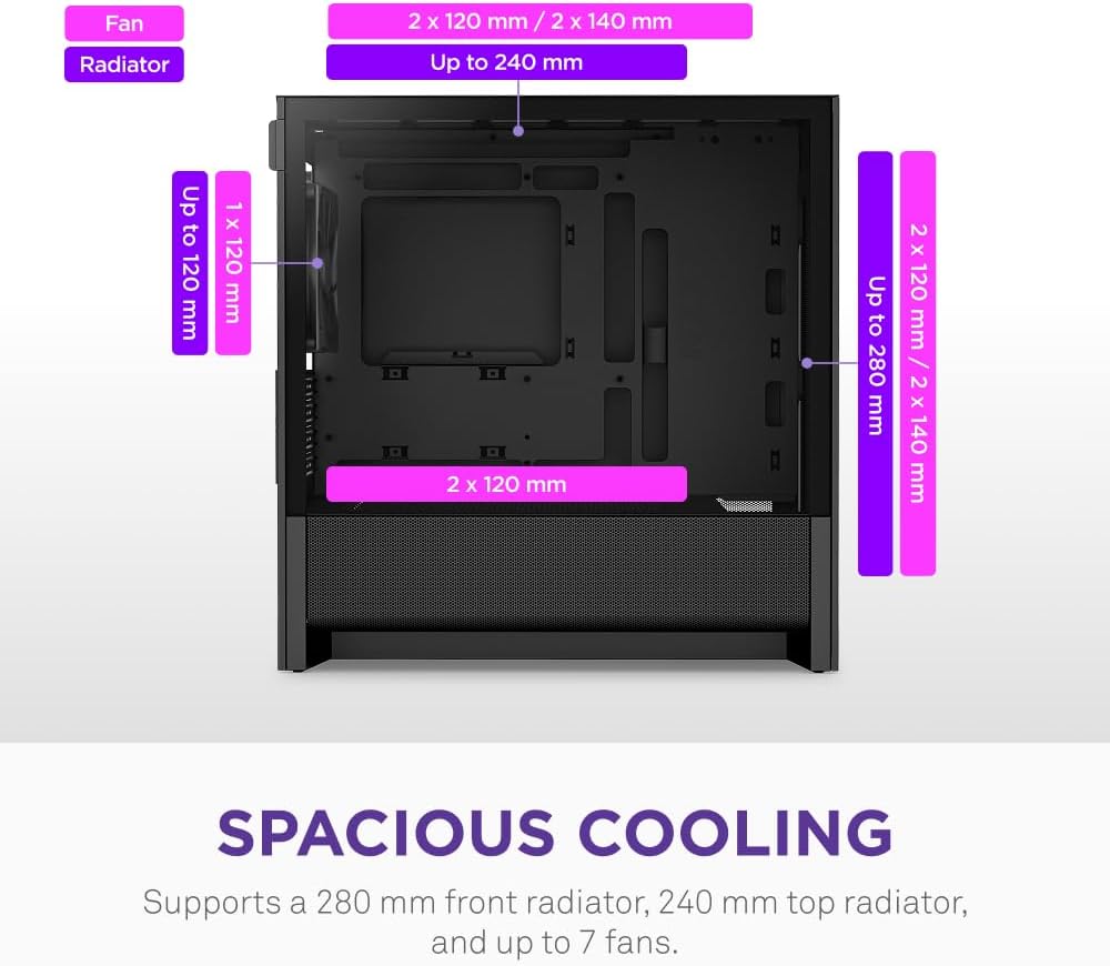 NZXT H3 Flow - Micro-ATX PC Kasası - Optimize Edilmiş Hava Akışı - 1 x 120 mm Arka Fan İçerir - Tam Boyutlu GPU'ları Destekler - 280 mm Ön, 240 mm Üst Radyatör - Geri Bağlantı Anakartı - Siyah - Görsel 5