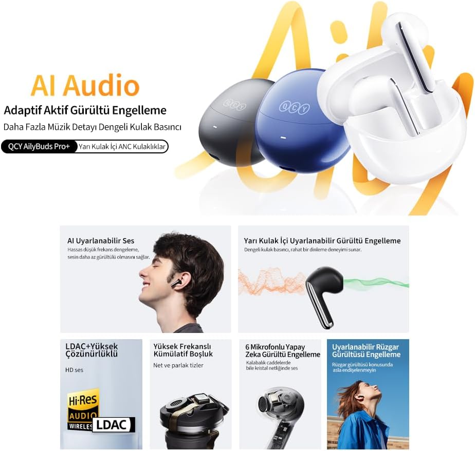 QCY HT10 Ailybuds Pro Plus Adaptif Anc Hi-res Ldac Aı 6 Mikrofon Bluetooth 5.3 Kablosuz Kulaklık Beyaz - Görsel 2