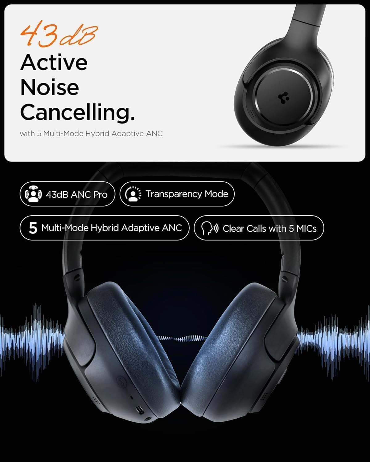 Spigen Audio Kulak Üstü P10 Bluetooth Kablosuz Kulaklık - ANC Pro Aktif Gürültü Engelleme + ENC 5 Mikrofon - 40mm Titanyum Sürücü - 60 Saat Pil - iOS & Android EQ App Şeffaf & Gaming Mod - ASD09691 - Görsel 2