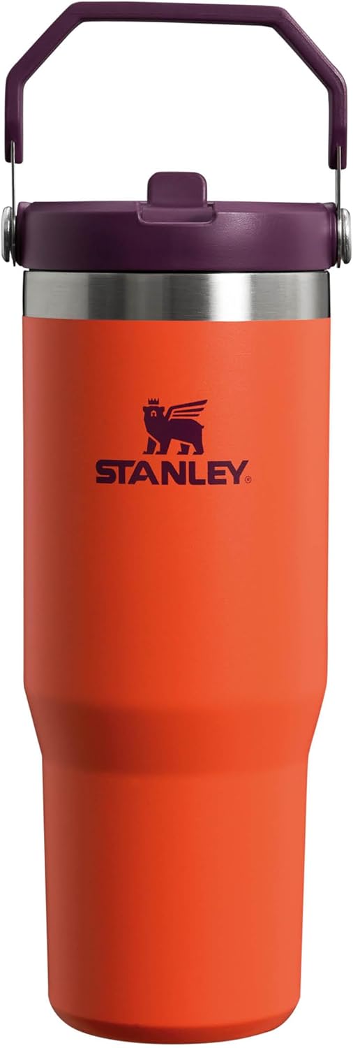 Stanley IceFlow Flip Straw Tumbler Pipetli Termos Bardak, Turuncu/Mürdüm (Tigerlily Plum), 0.89 Litre