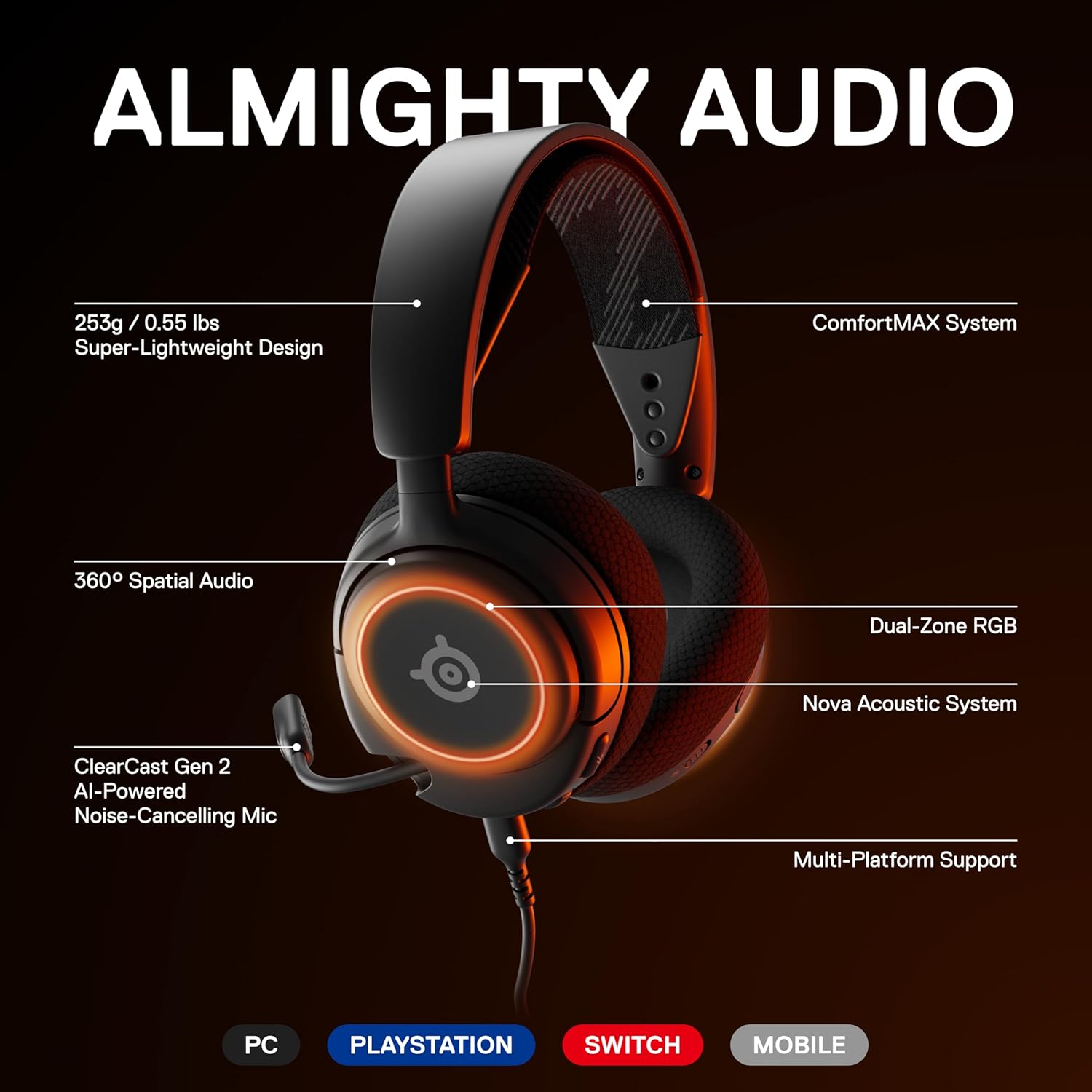 SteelSeries Arctis Nova 3 Multi-Platform Gaming Kulaklık, Hi-Fi Sürücüler, 360 derece Uzamsal Ses, RGB Işıklar, Gen2 Clearcast Mikrofon Standart - Görsel 3