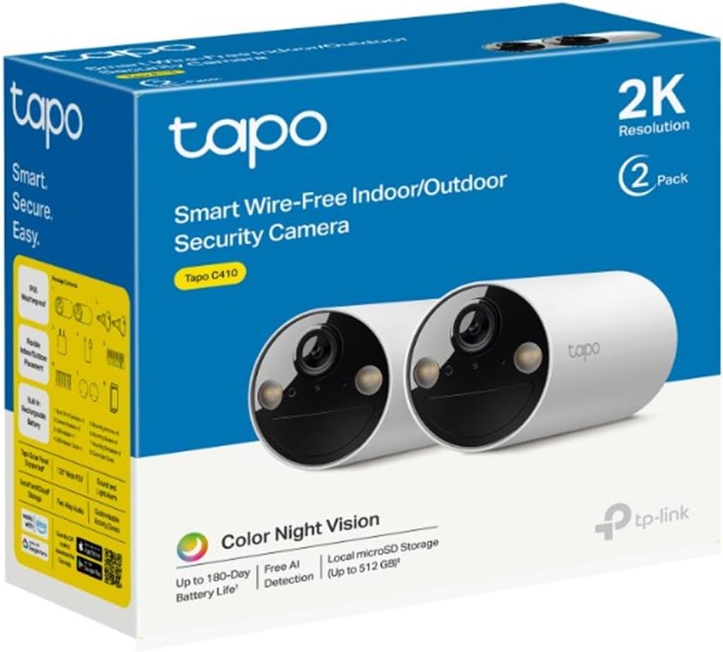 Tapo TP-Link C410 2-pack, 2K 3MP, Renkli Gece Görüşü, Şarj Edilebilir, Solar Panel Destekli, IP65, Yerel/Bulut Depolama, 110° Açılı, Işıklı ve Sesli Alarm, Kablosuz Bataryalı Güvenlik Kamerası