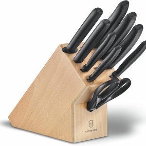 VICTORINOX Swiss Classic ahşap bıçak bloğu, 9 parça, 8 bıçak ve 1 çok amaçlı makas, saklama, açık kayın ağacı