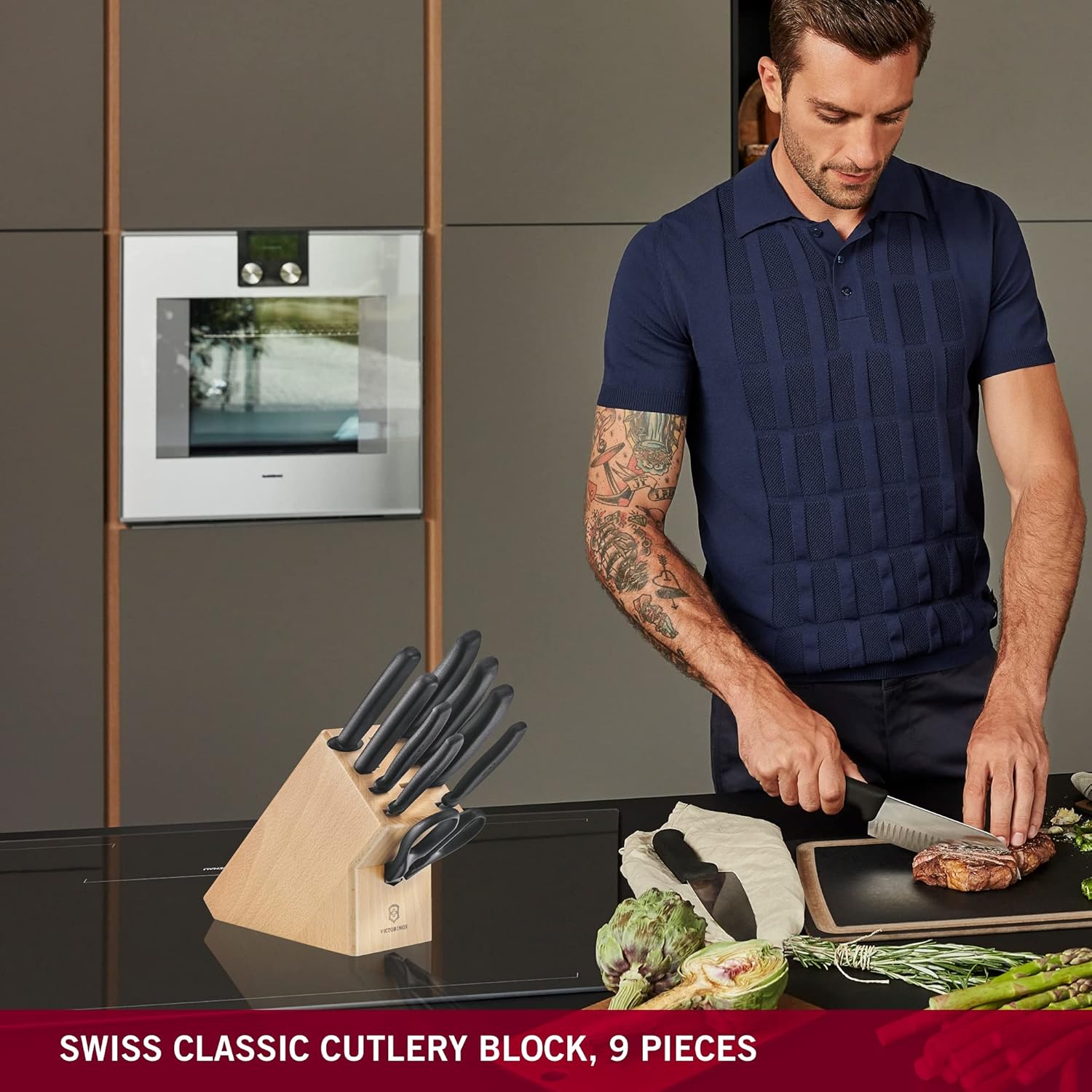 VICTORINOX Swiss Classic ahşap bıçak bloğu, 9 parça, 8 bıçak ve 1 çok amaçlı makas, saklama, açık kayın ağacı - Görsel 5