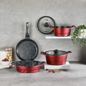 Vento 7 Parça Döküm Tencere Tava Seti Kırmızı